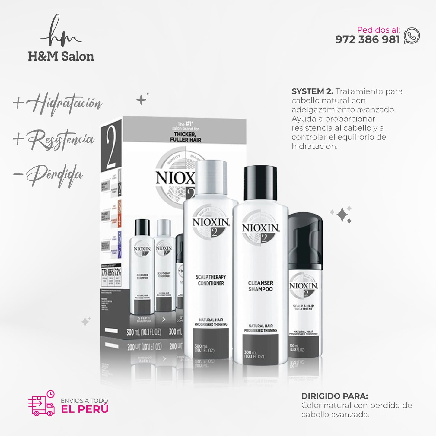 NIOXIN – SYSTEM 2 Caída Excesiva y Cabello Natural – Shampoo 300ml + Acondicionador 300ml + Tratamiento 100ml