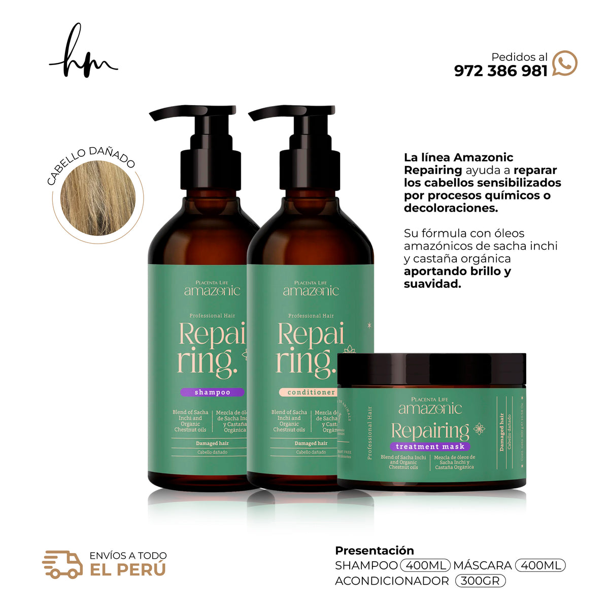 AMAZONIC Repairing • KIT Shampoo + Acondicionador + Mascara