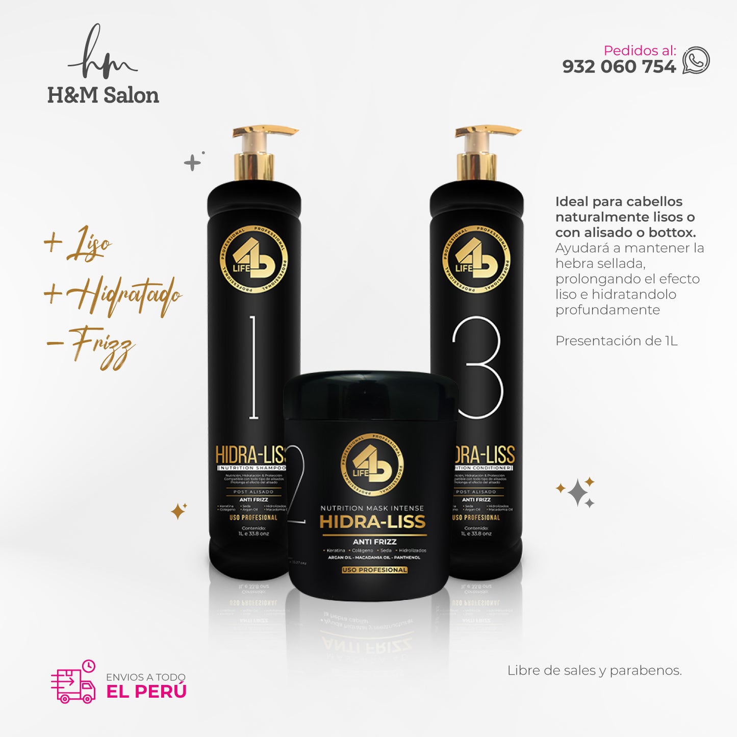 4D LIFE PROFESSIONAL - TRIPACK HIDRA-LISS shampoo + mascara + acondicionador 1 L