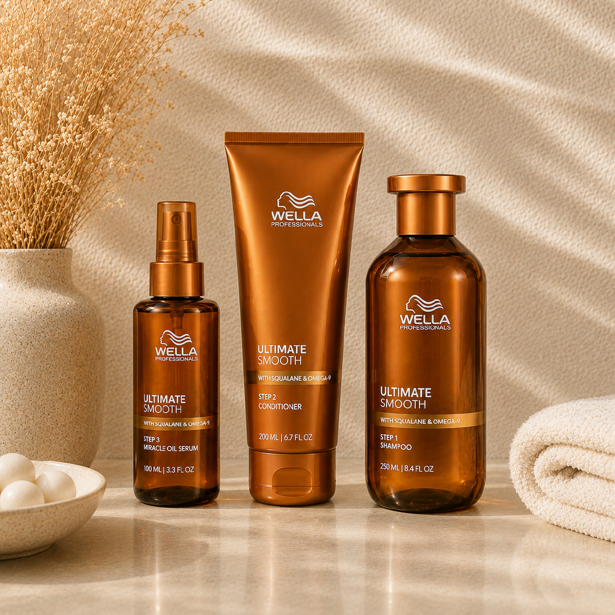 Wella Ultimate Smooth – Kit Shampoo, Acondicionador y Serum Anti-Frizz