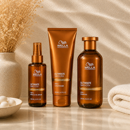 Wella Ultimate Smooth – Kit Shampoo, Acondicionador y Serum Anti-Frizz